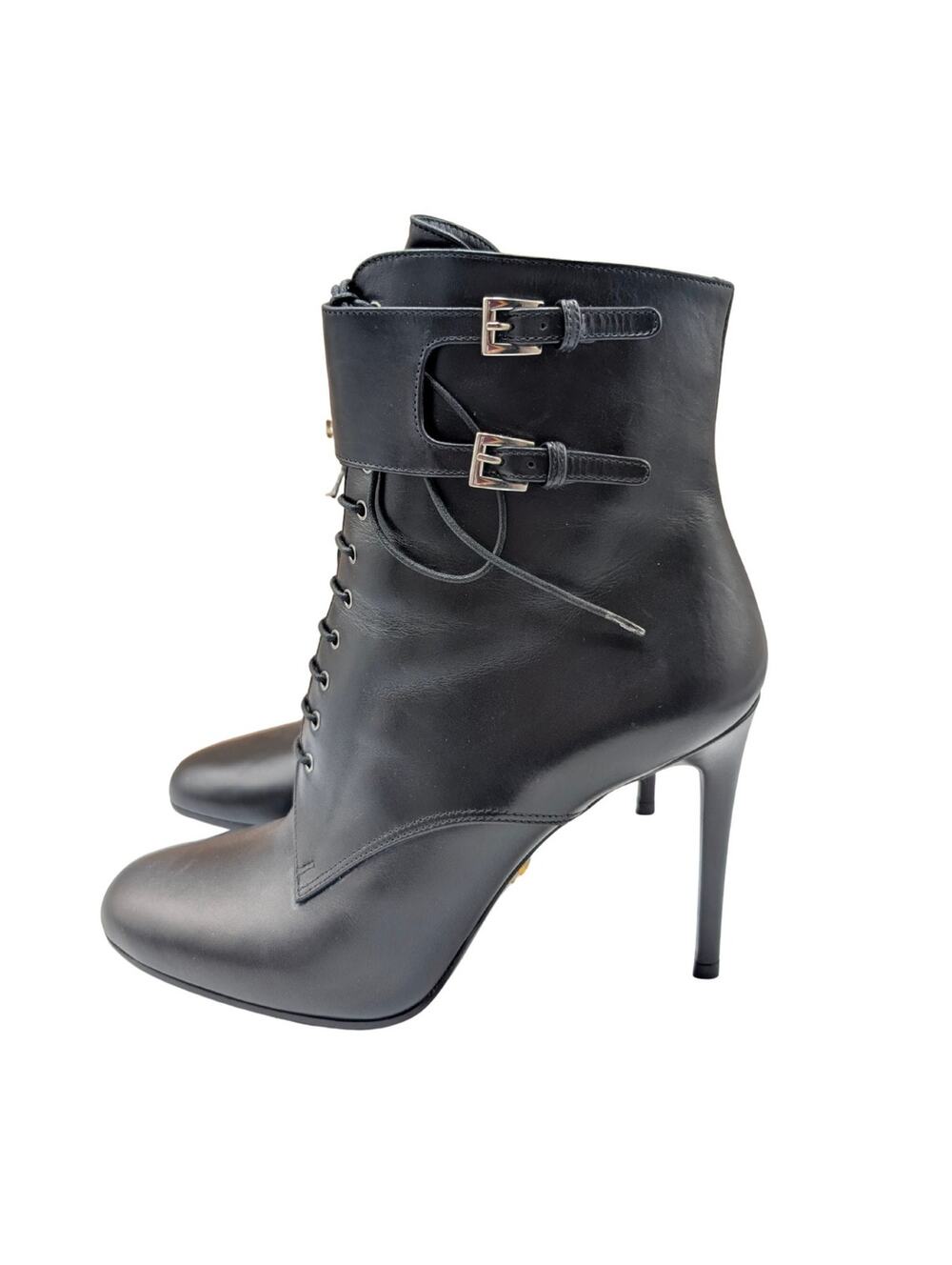 Prada Black Leather Double Buckle Ankle Booties Size 38